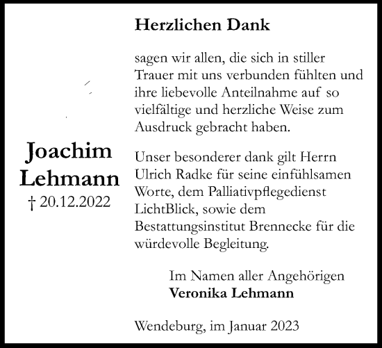 Traueranzeige von Joachim Lehmann von Peiner Nachrichten