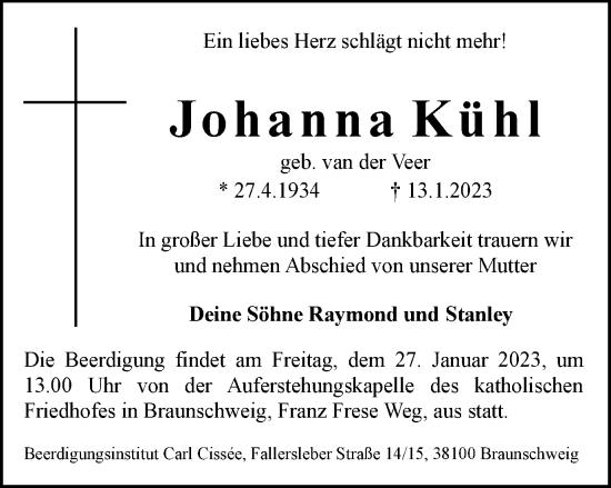 Traueranzeige von Johanna Kühl von Wolfsburger Nachrichten