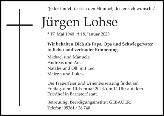 Traueranzeige von Jürgen Lohse von Wolfsburger Nachrichten