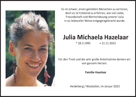 Traueranzeige von Julia Michaela Hazelaar von Wolfsburger Nachrichten
