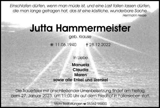 Traueranzeige von Jutta Hammermeister von Wolfsburger Nachrichten