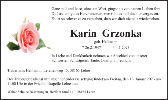 Traueranzeige von Karin Grzonka von Braunschweiger Zeitung