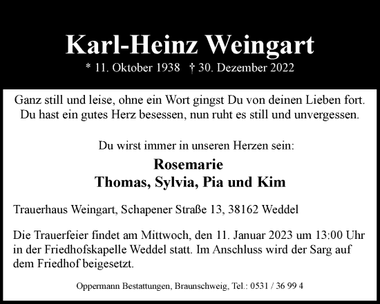 Traueranzeige von Karl-Heinz Weingart von Braunschweiger Zeitung