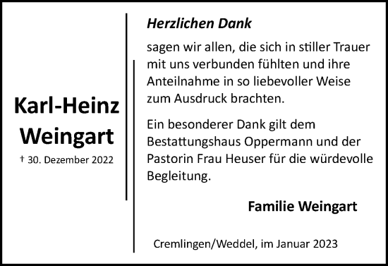 Traueranzeige von Karl-Heinz Weingart von Braunschweiger Zeitung