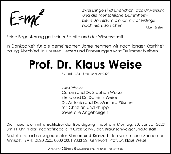 Traueranzeige von Klaus Weise von Braunschweiger Zeitung