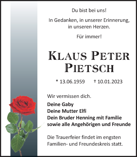 Traueranzeige von Klaus Peter Pietsch von Salzgitter-Zeitung, Peiner Nachrichten