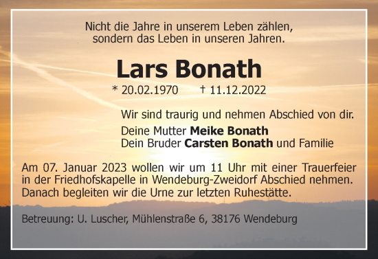 Traueranzeige von Lars Bonath von Peiner Nachrichten