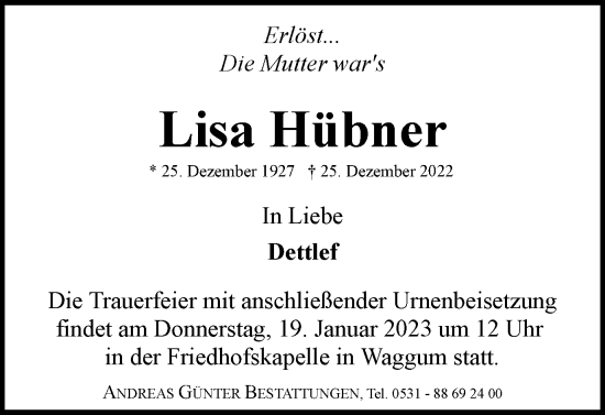 Traueranzeige von Lisa Hübner von Braunschweiger Zeitung