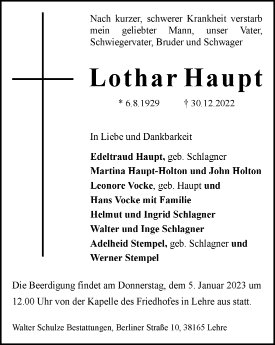 Traueranzeige von Lothar Haupt von Helmstedter Nachrichten