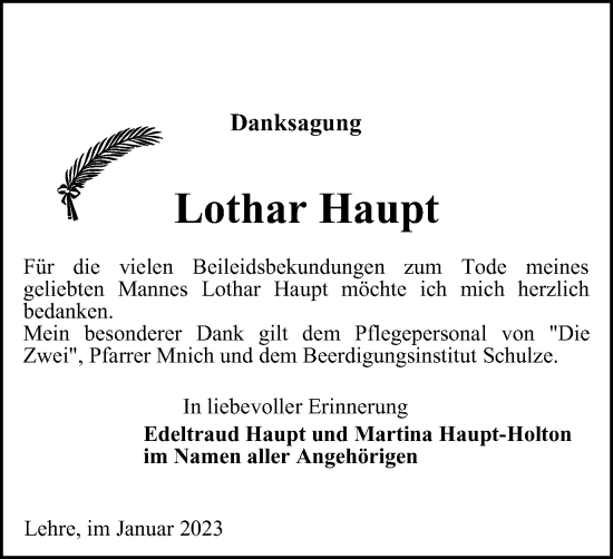 Traueranzeige von Lothar Haupt von Helmstedter Nachrichten