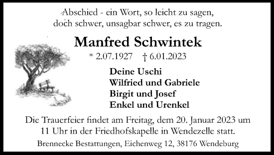 Traueranzeige von Manfred Schwintek von Braunschweiger Zeitung