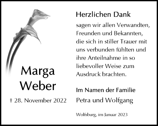 Traueranzeige von Marga Weber von Wolfsburger Nachrichten