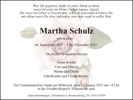 Traueranzeige von Martha Schulz von Braunschweiger Zeitung