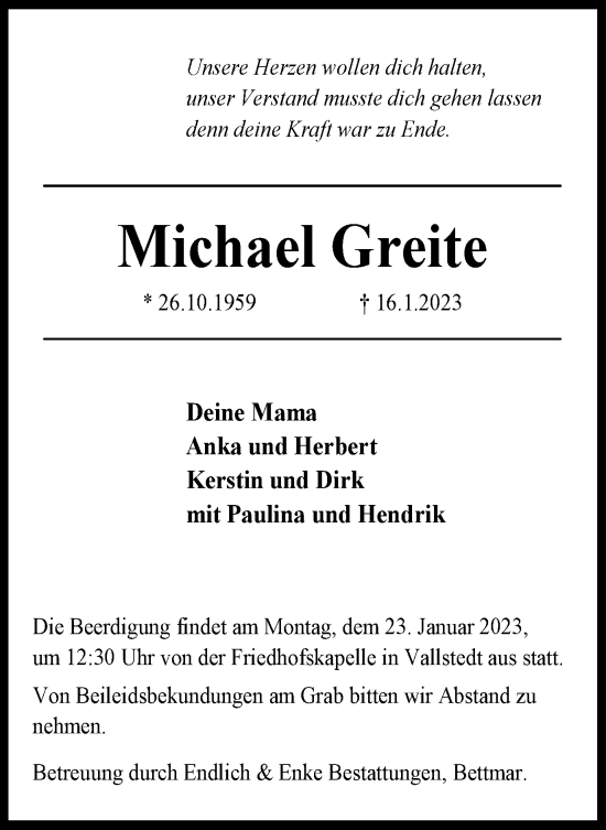 Traueranzeige von Michael Greite von Peiner Nachrichten