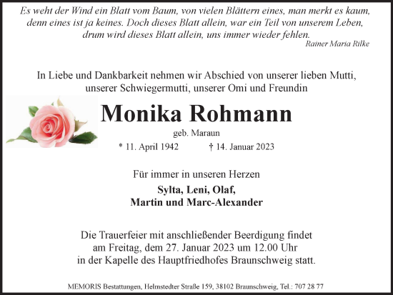 Traueranzeige von Monika Rohmann von Braunschweiger Zeitung