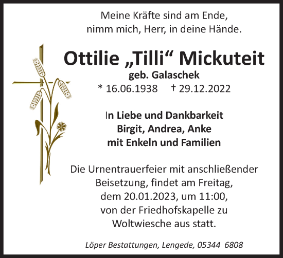 Traueranzeige von Ottilie Mickuteit von Peiner Nachrichten