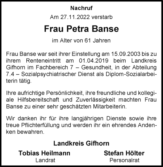 Traueranzeige von Petra Banse von Wolfsburger Nachrichten