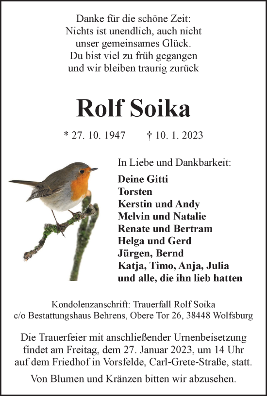 Traueranzeige von Rolf Soika von Wolfsburger Nachrichten, Helmstedter Nachrichten