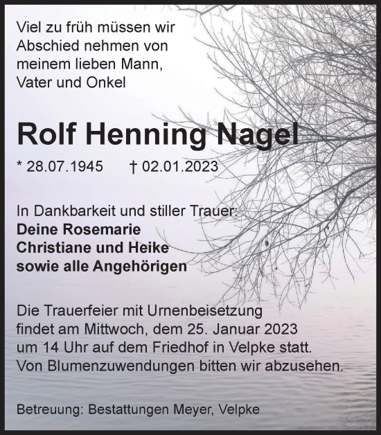 Traueranzeige von Rolf Henning Nagel von Wolfsburger Nachrichten