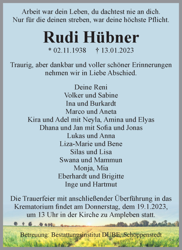  Traueranzeige für Rudi Hübner vom 17.01.2023 aus Wolfenbütteler Zeitung