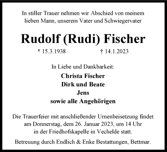 Traueranzeige von Rudolf Fischer von Peiner Nachrichten