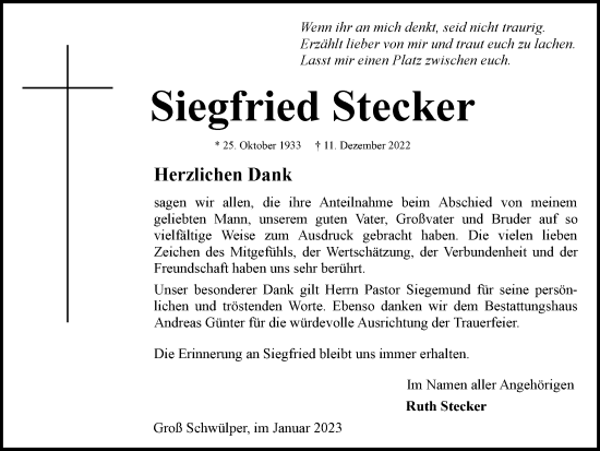 Traueranzeige von Siegfried Stecker von Braunschweiger Zeitung