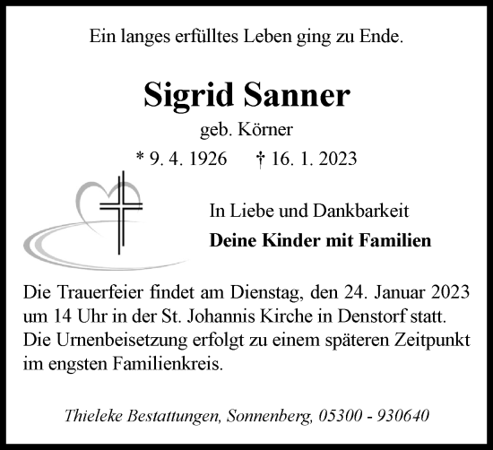 Traueranzeige von Sigrid Sanner von Braunschweiger Zeitung