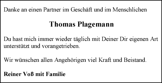 Traueranzeige von Thomas Plagemann von Braunschweiger Zeitung