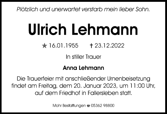 Traueranzeige von Ulrich Lehmann von Wolfsburger Nachrichten