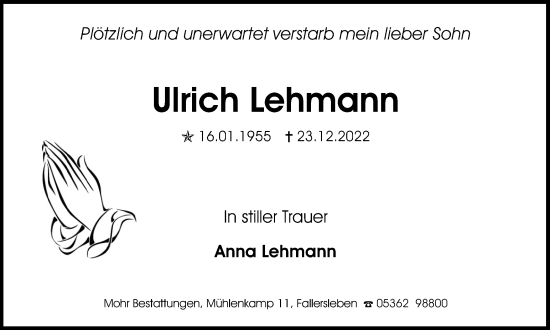 Traueranzeige von Ulrich Lehmann von Wolfsburger Nachrichten