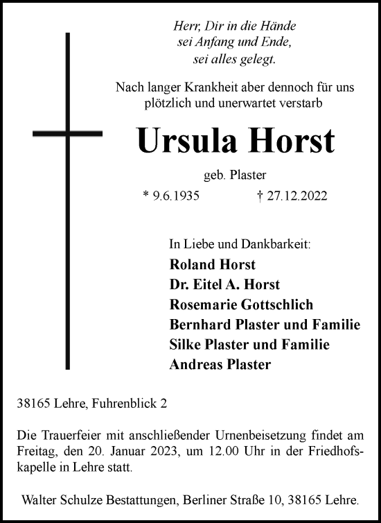 Traueranzeige von Ursula Horst von Helmstedter Nachrichten