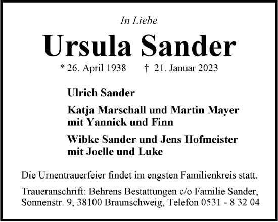 Traueranzeige von Ursula Sander von Braunschweiger Zeitung