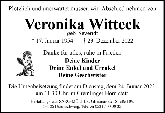 Traueranzeige von Veronika Witteck von Braunschweiger Zeitung