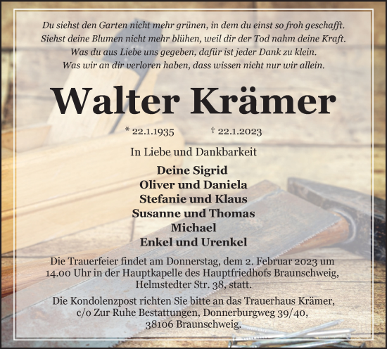 Traueranzeige von Walter Krämer von Braunschweiger Zeitung