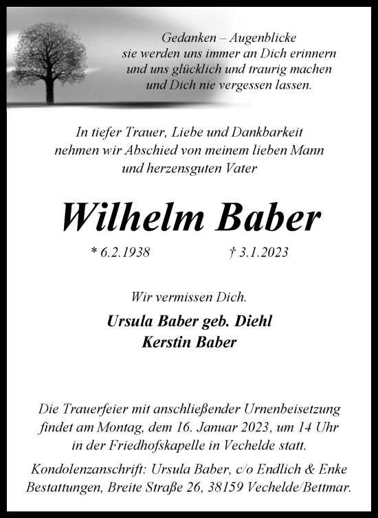 Traueranzeige von Wilhelm Baber von Peiner Nachrichten