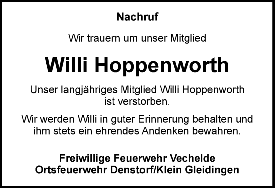 Traueranzeige von Willi Hoppenworth von Peiner Nachrichten