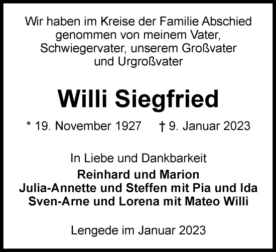 Traueranzeige von Willi Siegfried von Braunschweiger Zeitung