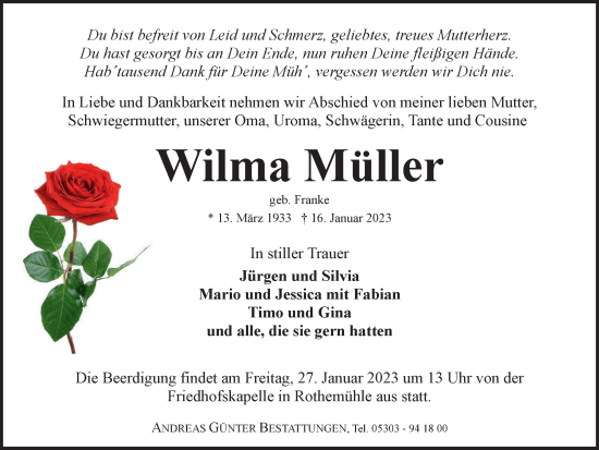 Traueranzeige von Wilma Müller von Braunschweiger Zeitung