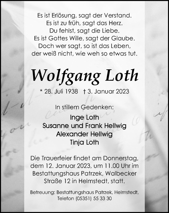 Traueranzeige von Wolfgang Loth von Helmstedter Nachrichten