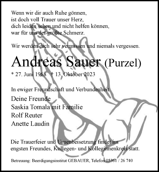 Traueranzeige von Andreas Sauer von Wolfsburger Nachrichten