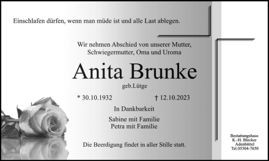 Traueranzeige von Anita Brunke von Braunschweiger Zeitung