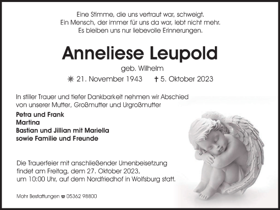 Traueranzeige von Anneliese Leupold von Wolfsburger Nachrichten