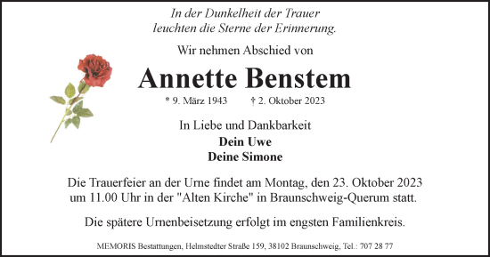 Traueranzeige von Annette Benstem von Braunschweiger Zeitung