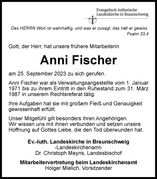 Traueranzeige von Anni Fischer von Wolfenbütteler Zeitung