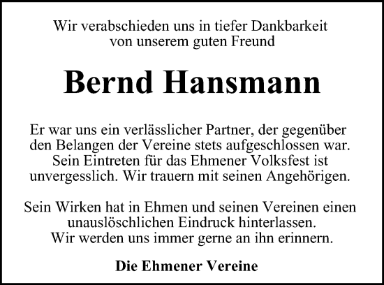 Traueranzeige von Bernd Hansmann von Wolfsburger Nachrichten