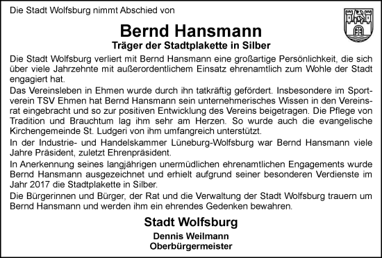 Traueranzeige von Bernd Hansmann von Wolfsburger Nachrichten