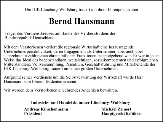 Traueranzeige von Bernd Hansmann von Wolfsburger Nachrichten