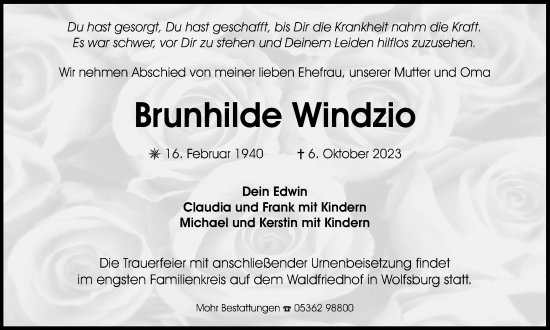 Traueranzeige von Brunhilde Windzio von Wolfsburger Nachrichten