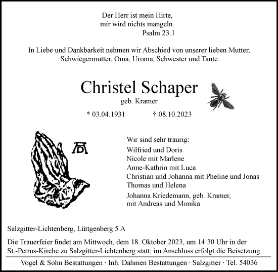 Traueranzeige von Christel Schaper von Salzgitter-Zeitung