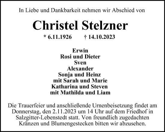 Traueranzeige von Christel Stelzner von Salzgitter-Zeitung